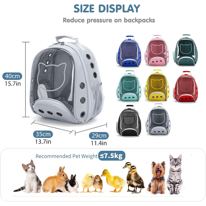 Рюкзак для котів та маленьких собак PETCUTE, дихаючий, знімний килимок, до 6 кг, з прозорим вікном, для подорожей (світло-сірий)
