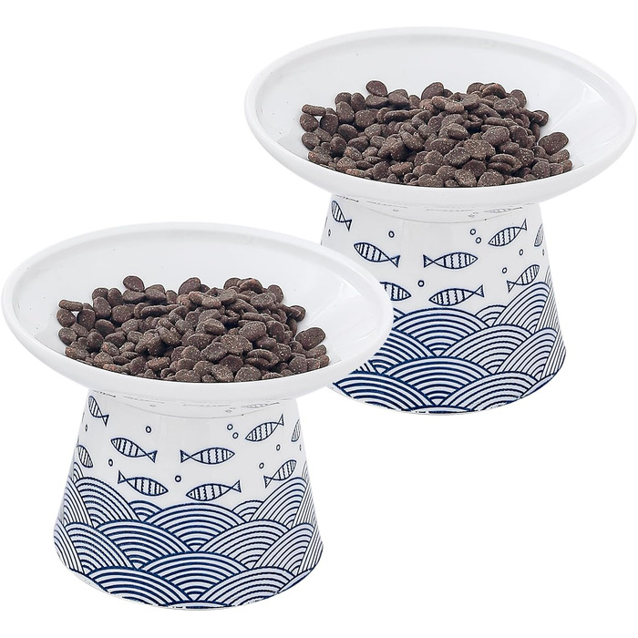 Набори мисок для котів OMAYKEY, 2 шт., кераміка, широкі, підняті, для корму та води, блакитні
