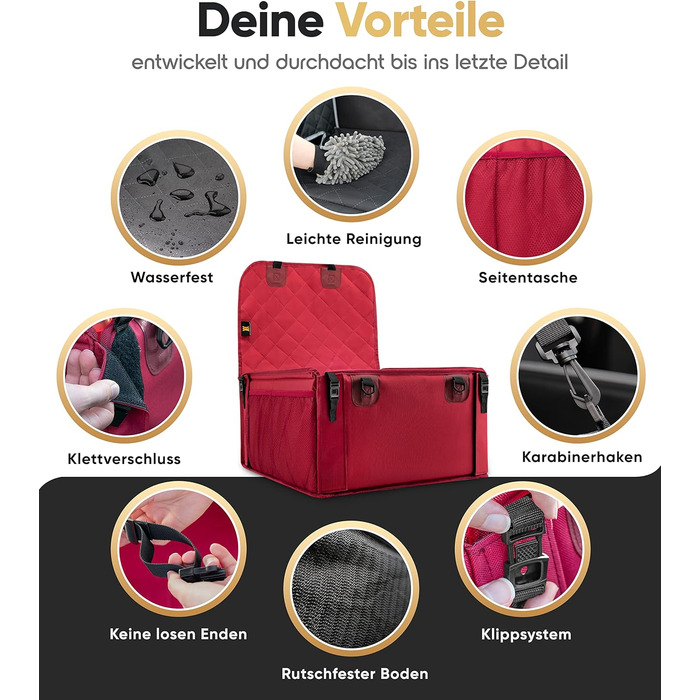 Автокрісло для собак HELDENWERK Extra Stabiler - надійне, водонепроникне, з 5 ременями, для заднього та переднього сидіння (Червоний, Стандартний розмір)