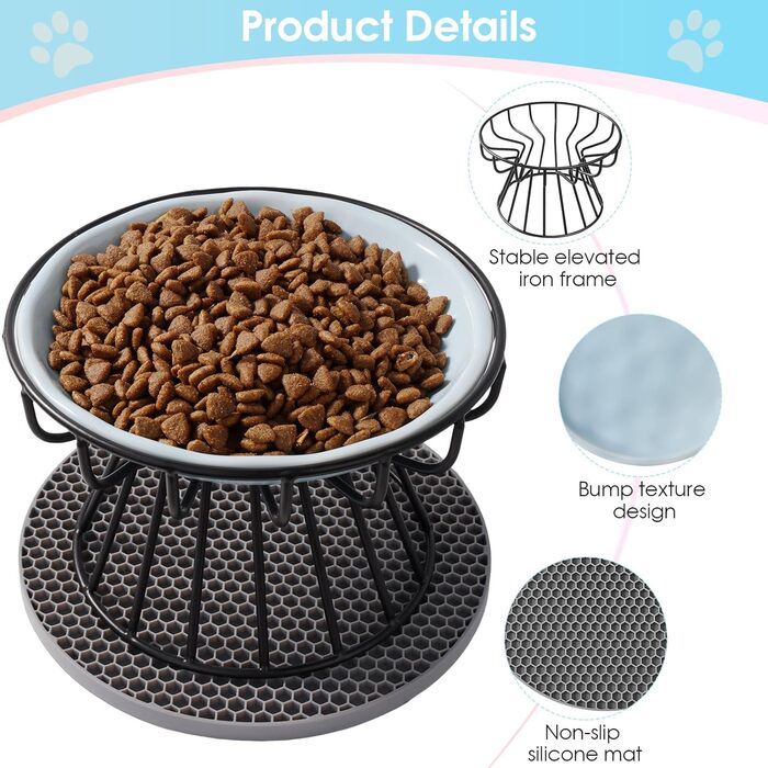 Набір мисок для котів (2 шт.) з підставкою, керамічні миски для корму та води, силіконовий килимок, блакитний + рожевий