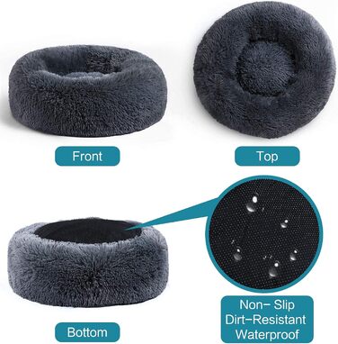 COOSLEEP HOME: М'яке ліжко для собак та котів з штучним хутром, Donut-подушка, водонепроникне дно, машинного прання, міцне (S, 58,4 x 58,4 см, темно-сірий)