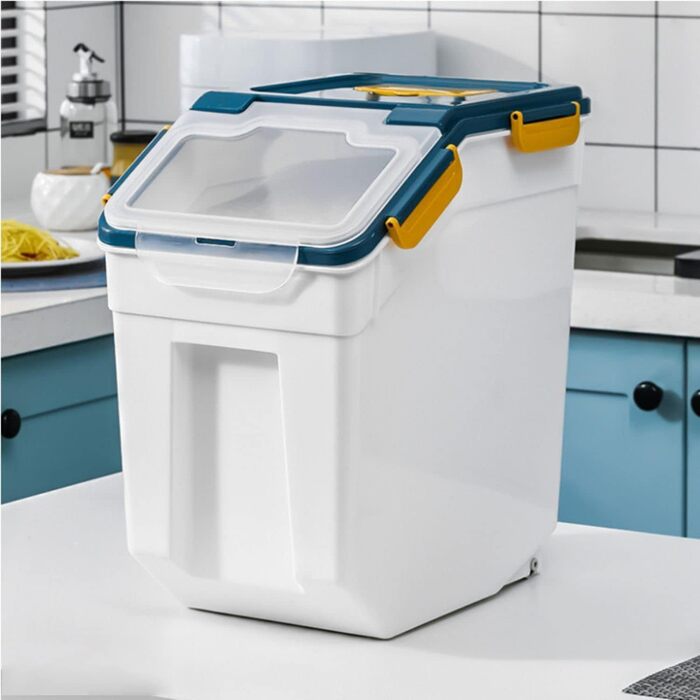 Контейнер для зберігання корму для собак, зерна, рису, борошна, сухого корму, вологостійкий, пластиковий, для цуценят, з замком та колесами (сірий) (6812)