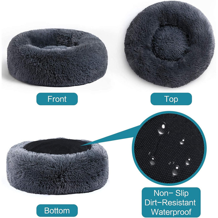 COOSLEEP HOME: М'яке ліжко для собак та котів з штучним хутром, Donut-подушка, водонепроникне дно, машинного прання, міцне (S, 58,4 x 58,4 см, темно-сірий)