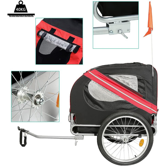 Універсальний велопричіп для собак, складаний, Oxford, з відбивачами, 73x137x90 см, до 40 кг, червоно-чорний