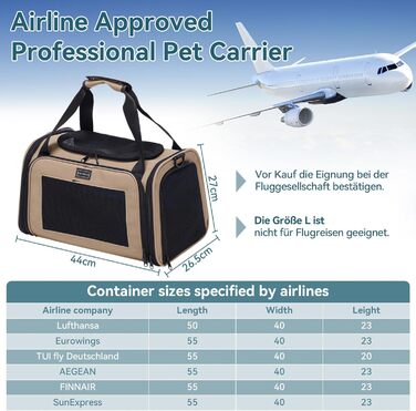 Транспортна переноска для котів та маленьких собак Petsfit, легка сумка-переноска для собак та котів, підходить для авіаперельотів, з ременем безпеки та розширеним килимком, S, Khaki