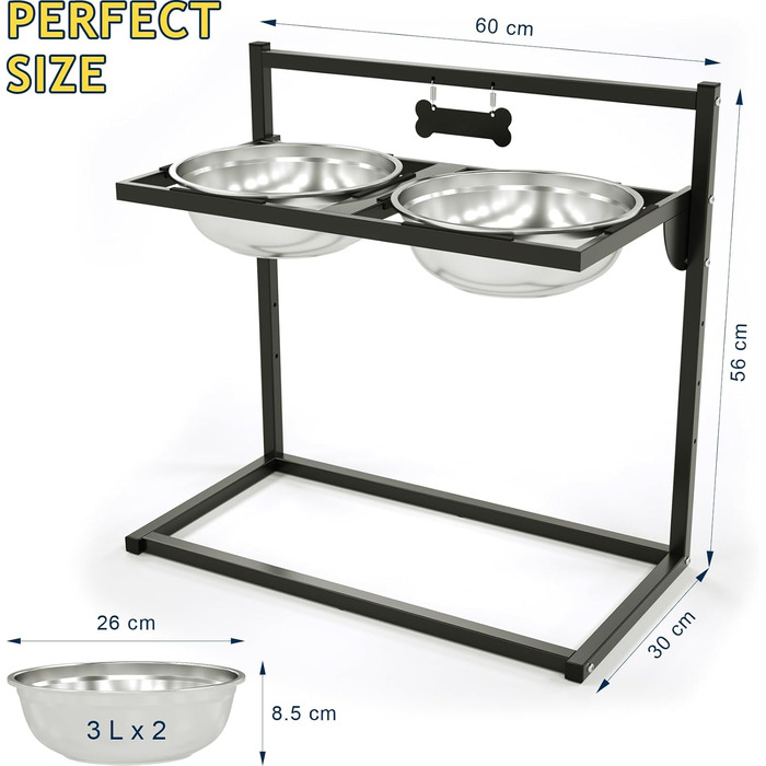 Підвищена годівниця для собак Eaninaz з регулюванням висоти, нахил 10°, 2 нержавіючі миски (1,5 x 2) та безпечна килимок, стабільний підставник для миски (XL)