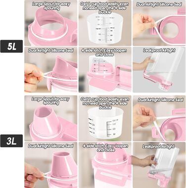 Контейнер для корму для собак 3/2,3 кг, велика насадка, BPA-free, пластиковий контейнер для корму для тварин з 4 герметичними закриттями, 1 мірний стакан та ручка, легкий, світло-рожевий (3 л + 5 л)