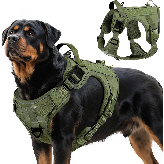 Тактичне обіднє нашийник для собак VavoPaw з MOLLE панеллю та світловідбиваючими смугами, армійного кольору, розмір L (45-80 кг, обхват грудей 23.6-41.7', шиї 15-27.5')