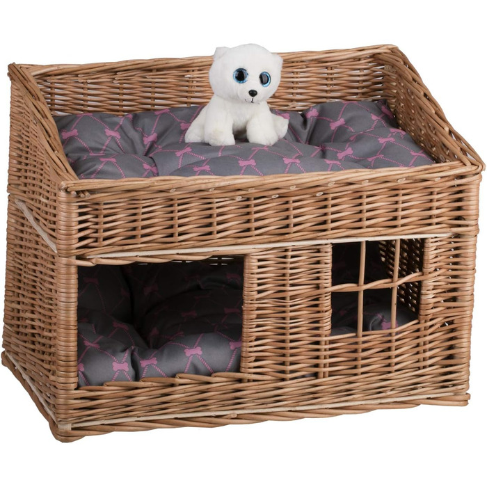 Двоярусна котяча хатинка з ротангу сірого кольору з подушкою та вікном | e-wicker24