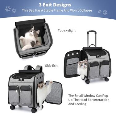 Рюкзак-переноска для кота та собаки PETCUTE з візком 2 в 1 до 11 кг, сірий. Знімний килимок, дихаюча переноска для подорожей з тваринами