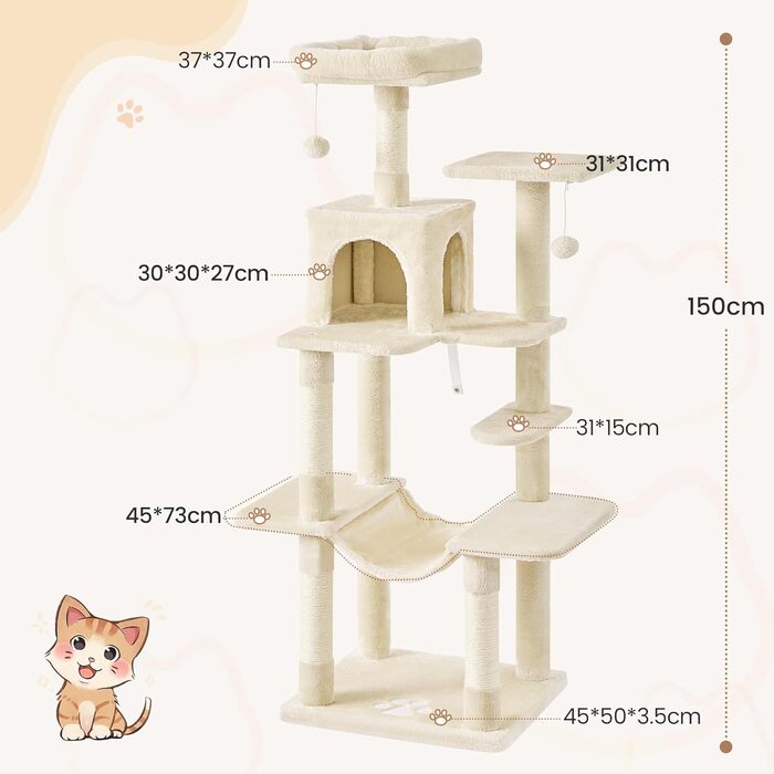 Кігтеточка для котів MSmask велика, багатоярусна з 2 будиночками, гамаком та сизалевими стовпчиками