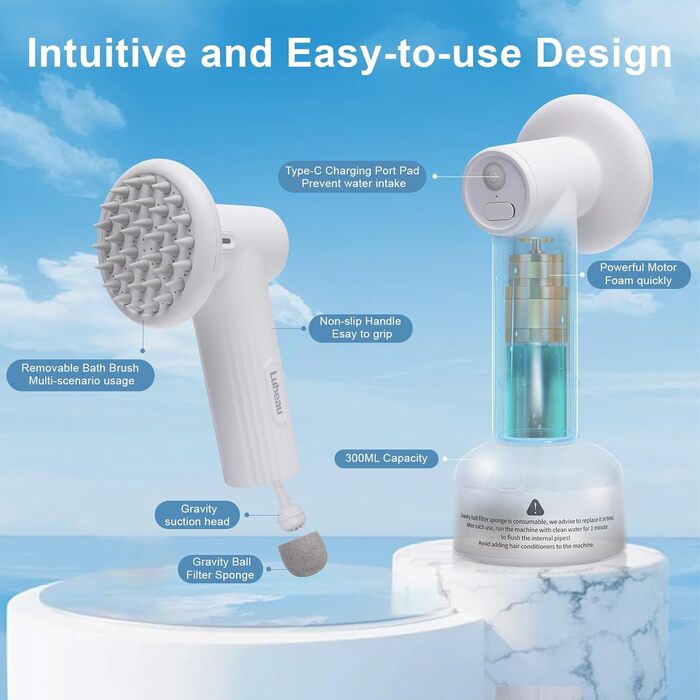 Електричний диспенсер пінки для миття собак з щіткою. М'яка щітка, масаж та грумінг. Регульовані режими пінки/спрею. Бездротовий диспенсер миючого засобу для собак з короткою та довгою шерстю. (Білий)