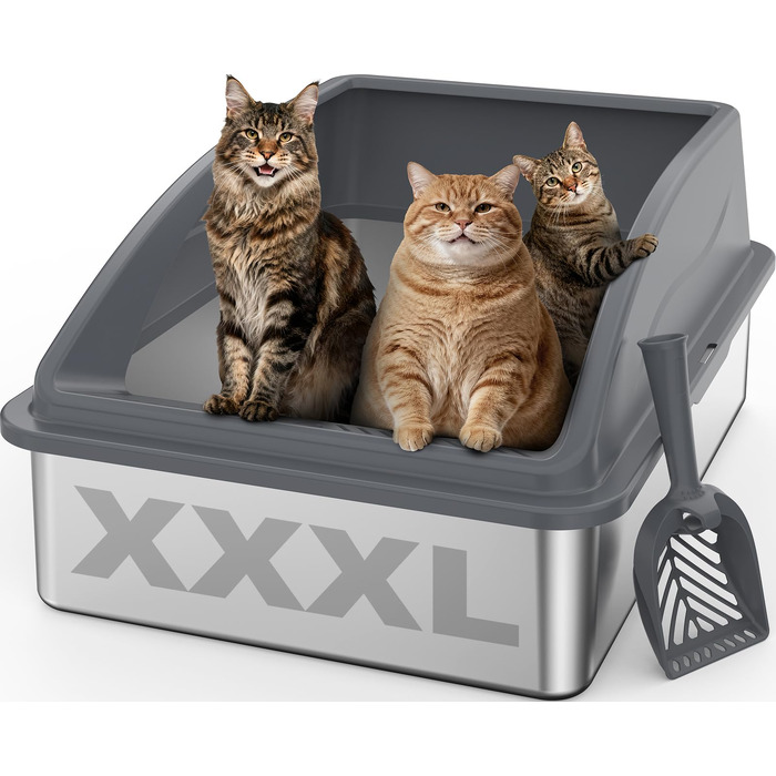 Великий лоток для котів з нержавіючої сталі FURTIME XXXL (71x51x31 см), посилений металевий туалет для великих котів, темно-сірий