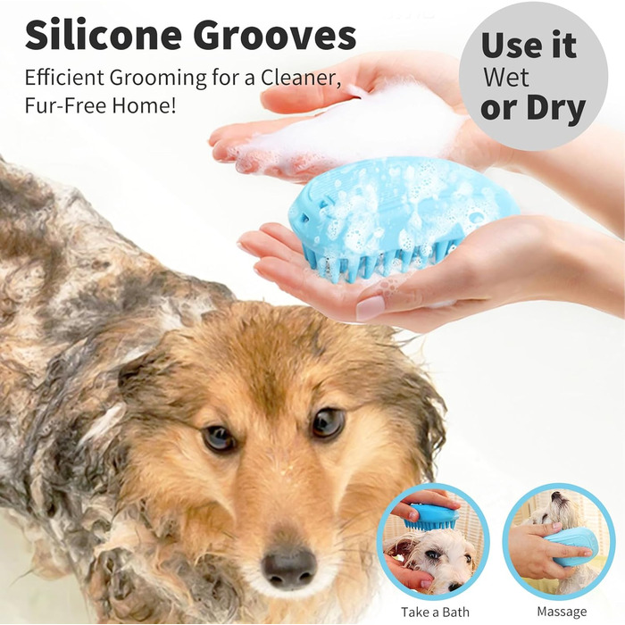 PETCUTE Щітка для собак і котів, гумова масажна щітка з м'якими силіконовими щетинками, миється, неслизька, для видалення шерсті, синього кольору
