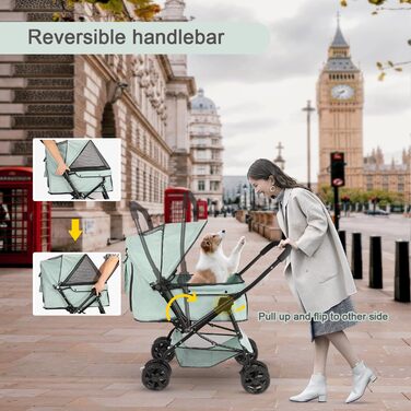 Візок для собак Wedyvko до 20 кг, 4 колеса, складний, для маленьких та середніх собак/кішок, з кошиком для зберігання та тримачем для напоїв, зелений