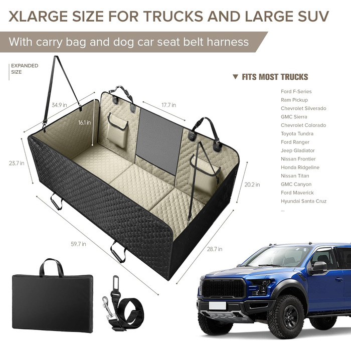 Подовжувач для заднього сидіння вантажівки XL для собак, жорстка підставка, чохол на сидіння для собак в авто, міцна гамак для собак в авто, водонепроникні чохли для тварин у вантажівки, F150, Ram1500 та великі SUV, сірий колір для вантажівок