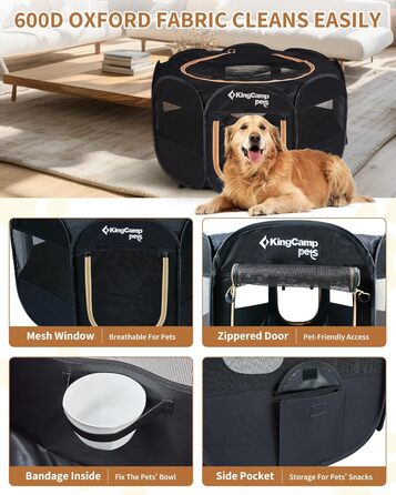 КінгКемп Переносний вольєр для собак, вольєр для цуценят, складаний вольєр для домашніх тварин, собаче намет з сумкою, для використання в приміщенні та на вулиці, знімний замок-блискавка знизу, розмір S: Чорний