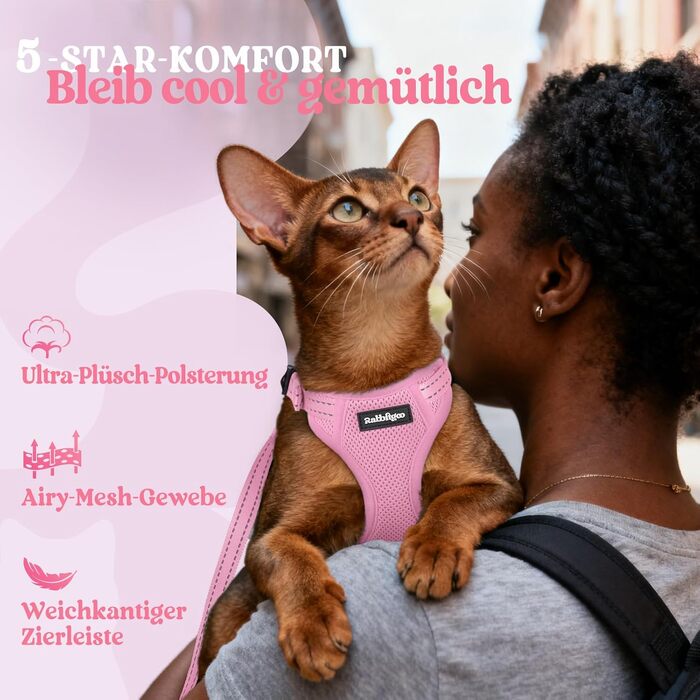 Шлейка для котів rabbitgoo з повідцем, анти-втеча, м'яка та зручна, світловідбиваюча, для безпечних прогулянок (Розмір S, Рожева)