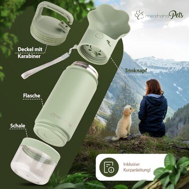 Hana Pets: Поїлка для собак у дорозі з кришкою та контейнером для їжі - ідеальна для подорожей та активного відпочинку. Ізольована фляга з нержавіючої сталі з додатковим кришкою та карабіном.