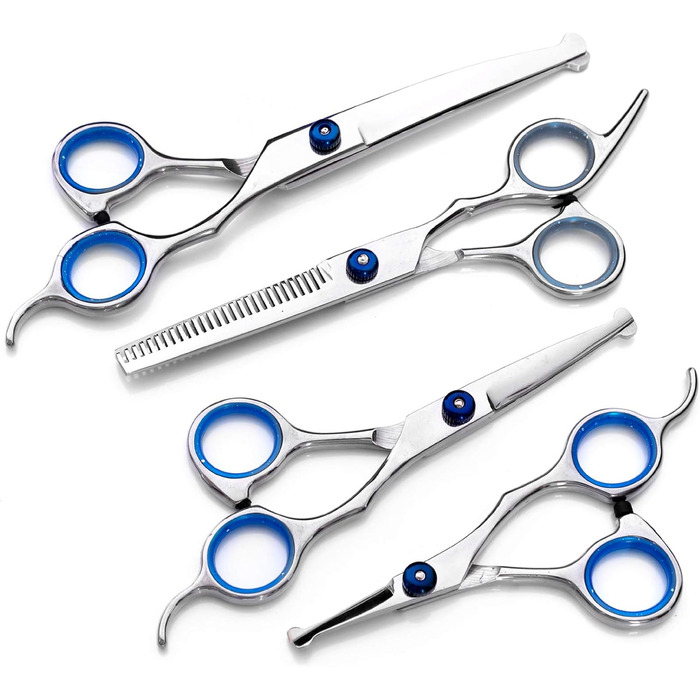 Набір професійних ножиць для грумінгу собак 9CR Edelstahl з безпечними закругленими кінцями. Комплект для стрижки та догляду за шерстю собак, котів та інших тварин. Включає ножиці для вирівнювання та розрідження шерсті, а також гребінець.