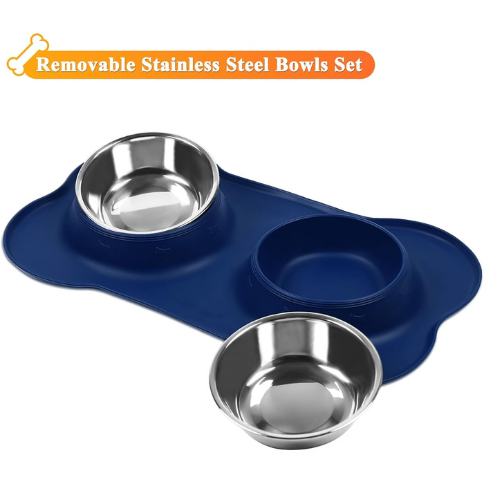 Миска для собак VIVAGLORY Splashfree - нерозливна миска, нержавіюча сталь, силіконова підставка, для кемпінгу, S, Navy Blue, 236 мл