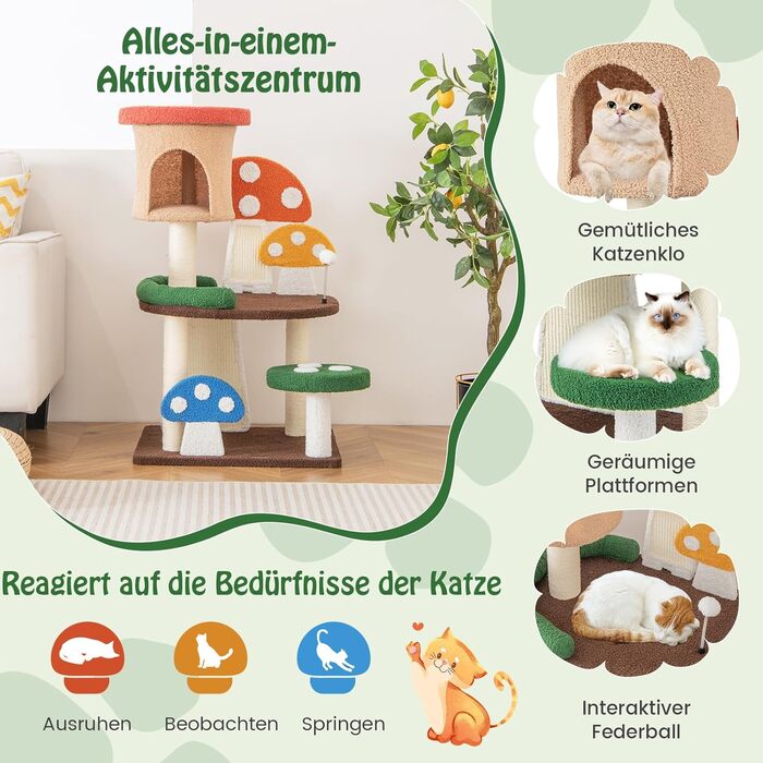 Дерев'яний кігтечка для котів COSTWAY з печериною, сизалевим покриттям та іграшкою, 59x48x102 см, кольоровий