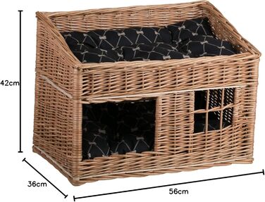 Кішка Будинок Прямокутна з Плетеного Лози, Двоярусний Корз для Кота з Подушкою та Вікном (Чорний, Натуральний)