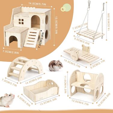 Набір дерев'яних іграшок для хом'яків, 6 шт. - будиночок, іграшки для гри та ховання, підходить для шиншилл, морських свинок, мишей, кроликів