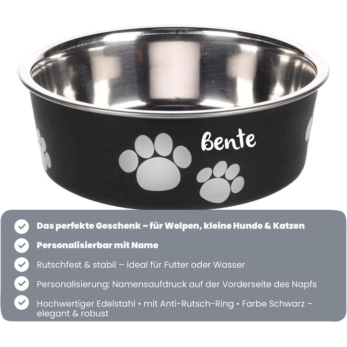 Персоналізований миска для собак з нержавіючої сталі 2200 мл – протиковзкий кільце – для великих собак – з іменем – Petslino (Чорний, XS)