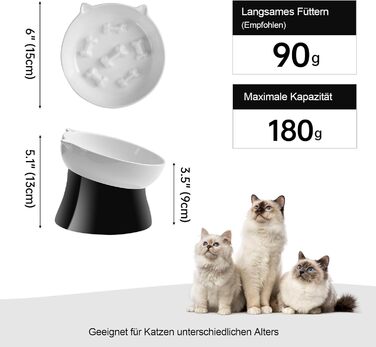 Антислизька годівниця для котів з кераміки, піднята - годівниця-лабіринт для повільного годування, нахилена проти блювоти, чорно-біла