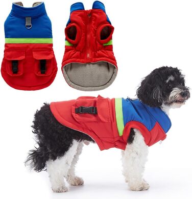 Тепла водовідштовхувальна куртка для собак маленьких та середніх порід. Зігріваючий зимовий одяг для собак з отвором для повідка та кишенями, світловідбиваюча (червоний, синій, S)