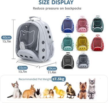 Рюкзак для котів та маленьких собак PETCUTE, дихаючий, знімний килимок, до 6 кг, з прозорим вікном, для подорожей (світло-сірий)