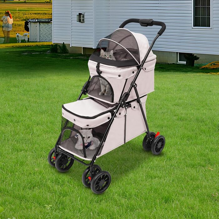 Двошаровий візок для домашніх тварин з сіткою, гальмом та сумкою для зберігання. Складаний візок для собак та котів на 15-20 кг (сірий)