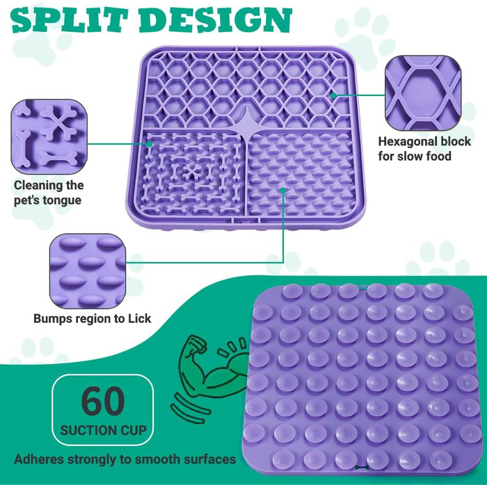 Килимок-лизун для собак та котів, 20 см, з міцними присосками для зняття тривоги та розваг, для купання та дресирування, лопатка та щітка, 2 шт. (фіолетовий та сірий)