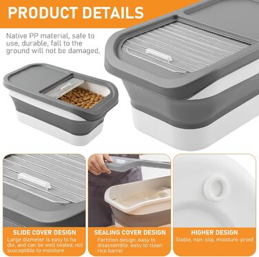 Контейнер для корму для собак та котів, 7 кг, сірий, з мірним стаканом та ложкою