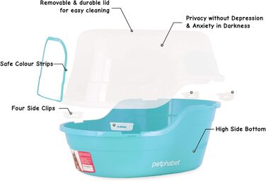 Petphabet XXL Туалет для котів з кришкою, велика закрита туалетна коробка для великих порід або кількох котів, бірюзовий, 63x48x43 см
