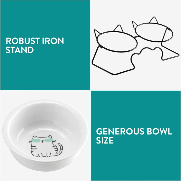 Навіс Keramik Katzennapf mit Metallständer - Erhöhter Katzennapf - Katzennapf Keramik - Katzennapf erhöht - Futterstation Katzen - Spülmaschinen- und Mikrowellensicher Weiß/Grün (Schwarz/Weiß)
