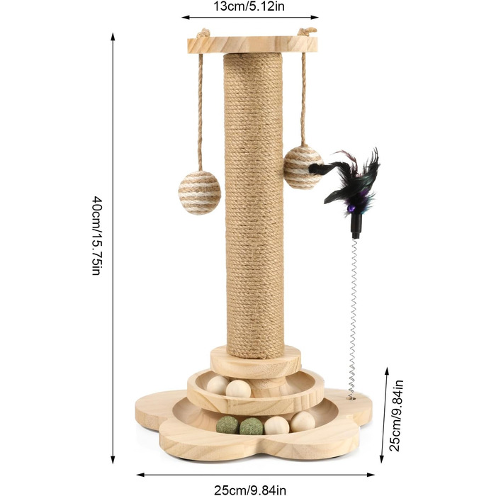 Котячий когтетоп Newofview: когтетоп-стійка 40 см з іграшками, м'ячиком, обертовим диском, пір'ям та мотузкою з сизалю