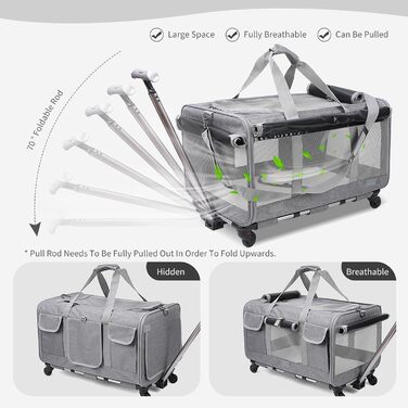 Транспортна сумка для котів PETCUTE з колесами, дихаюча переноска для 2 котів, складана переноска для собак з телескопічною ручкою, знімний килимок, ідеальна для подорожей, темно-сіра