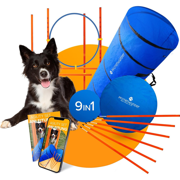 Agility-набір для собак PfotenWunder 9-в-1: слалом, тунель, перешкоди, навчання, ігровий комплект для малих і великих собак