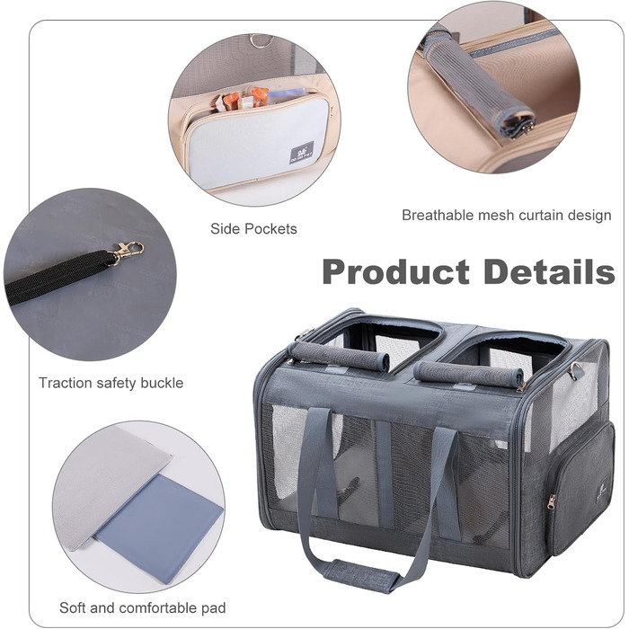 Транспортна сумка PETCUTE для котів середніх розмірів та маленьких собак до 17.5 кг, складана переноска з плечовим ременем та внутрішнім страхувальним шнуром, переноска для котів для подорожей, схвалена авіакомпаніями, темно-сіра