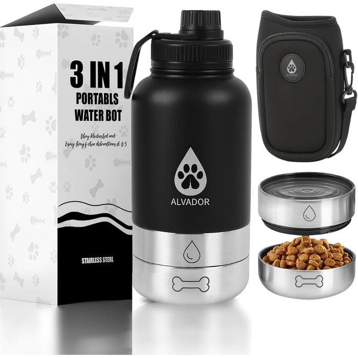 Водяна пляшка для собак на 1000 мл з нержавіючої сталі, 4-в-1, з місткою та мискою для корму, витокозахисна, без BPA, аксесуар для прогулянок та походів (чорна)