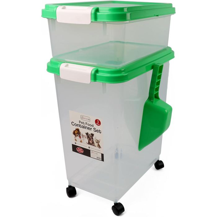 DIVCHI Контейнер для зберігання корму для тварин, 3 шт. з мірною ложкою, для собак, котів, корму, з роликами, зелений