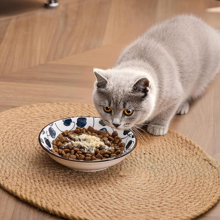 Керамічна годівниця для котів та собак - миска для корму маленьких котів, вінтажний синьо-білий дизайн (14 см), неслизька миска для котів - набір 2 шт.