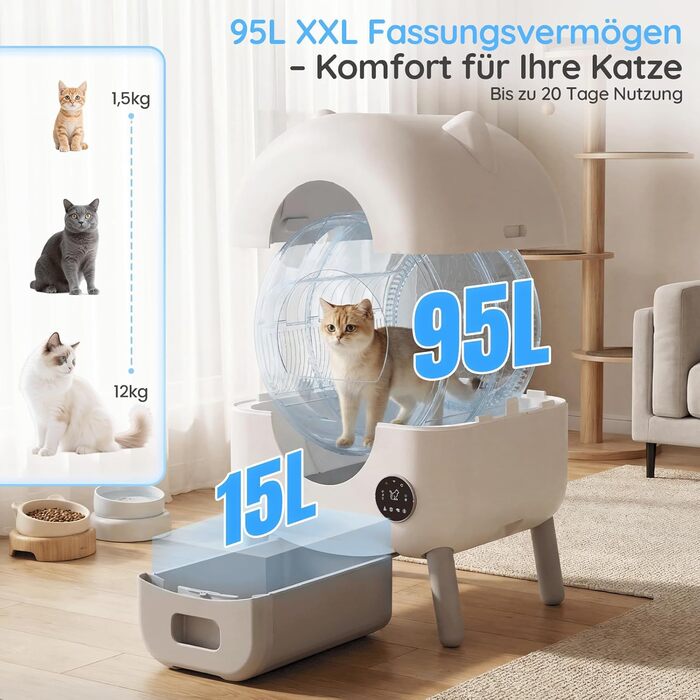 Автоматичний лоток для котів Devoko з самоочищенням, великий об'єм, керування через додаток, LED-підсвічування, для котів до 12 кг, килимок в комплекті