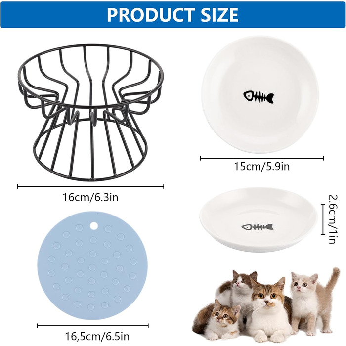 Набір мисок для котів VIDETOL (3 шт.) з підняттям, керамічні миски для корму з металевим підставкою та нековзною підкладкою, підходять для котів та собак
