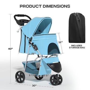 Дитяча коляска для котів та собак, 3 колеса, складний бугі для тварин, 13.6 кг, з кошиком та тримачем для напоїв, м'ятний колір