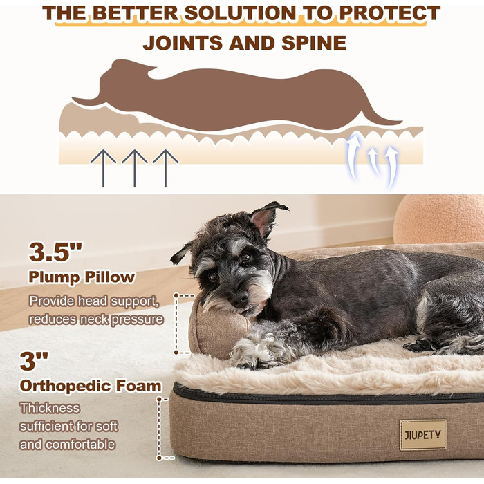 Ортопедичне ліжко для собак середніх порід Jiupety, коричневе, 66 x 51 x 17 см. Водонепроникне, знімний кошик, зручне собаче ліжко