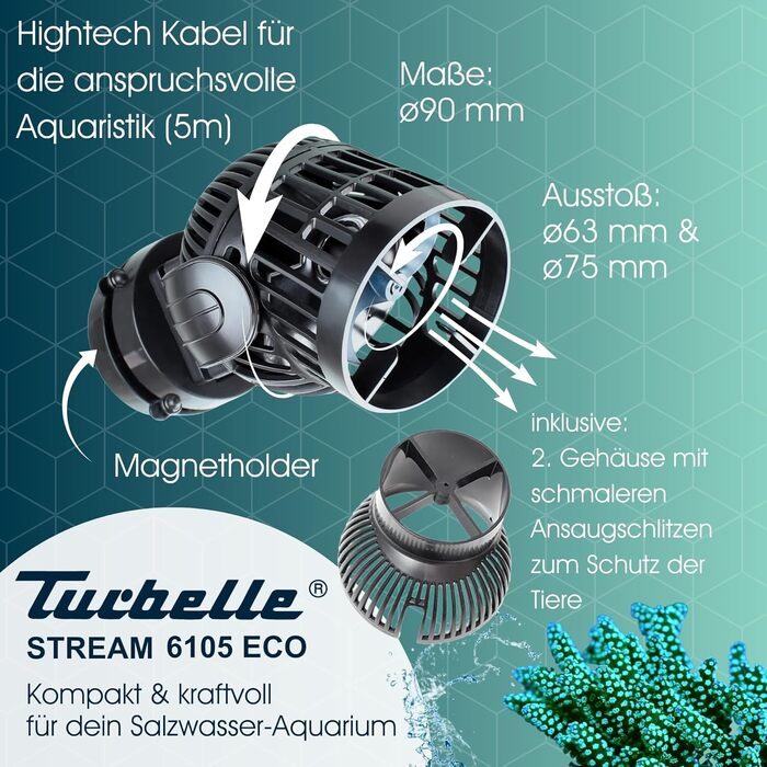 Протічний насос Tunze Turbelle Stream 6105 eco з 3D-регулюванням, пропелерний, з магнітним тримачем і клемою Silence для скла до 15 мм, для морського акваріума