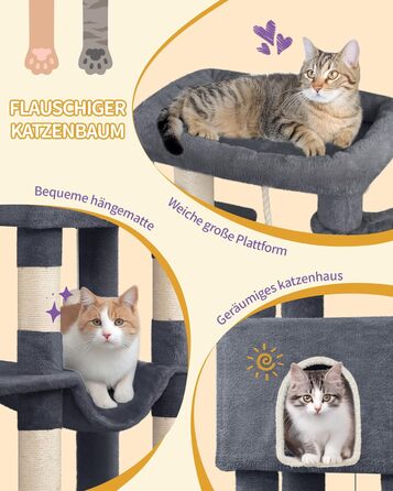 Дерево для котів Hzuaneri Kratzbaum 149 см з 5 стовпчиками для шліфування, платформами, печереєю, багатоярусне котяче ігрове дерево, помпонами, MS14918LG (темно-сірий)